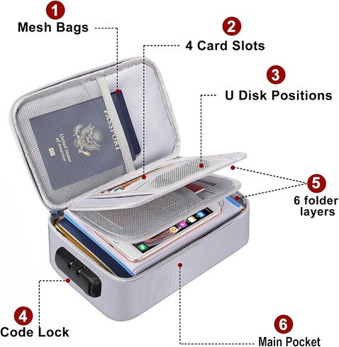 ENGPOW Small Fireproof Storage Organizer Case with Lock(9.4"x 5.9"x 3.2"), 3-Layer Money Safe Coin Organizer Wallet Bag for Cash,Card,Passport,Check,Bill,Travel Home Organizer Carrying Case,Black in Kuwait