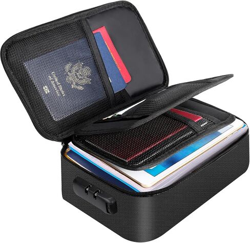 ENGPOW Small Fireproof Storage Organizer Case with Lock(9.4"x 5.9"x 3.2"), 3-Layer Money Safe Coin Organizer Wallet Bag for Cash,Card,Passport,Check,Bill,Travel Home Organizer Carrying Case,Black in Kuwait