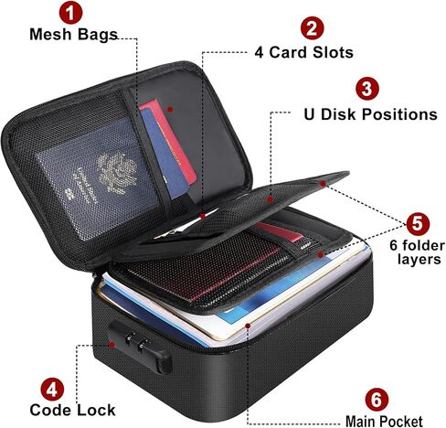 ENGPOW Small Fireproof Storage Organizer Case with Lock(9.4"x 5.9"x 3.2"), 3-Layer Money Safe Coin Organizer Wallet Bag for Cash,Card,Passport,Check,Bill,Travel Home Organizer Carrying Case,Black in Kuwait