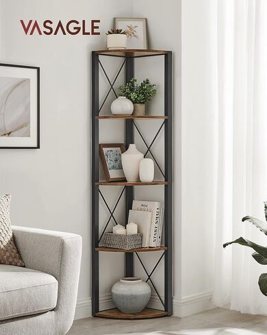 رف زاوية من 5 طبقات من VASAGLE، رف كتب بطول 63 بوصة، رف تخزين زاوية، حامل رف زاوية، لغرفة المعيشة والحمام والمطبخ وغرفة النوم والمكتب المنزلي، سهل التجميع، بني ريفي وأسود ULLS805B01 in Kuwait