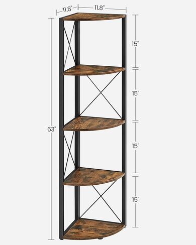 رف زاوية من 5 طبقات من VASAGLE، رف كتب بطول 63 بوصة، رف تخزين زاوية، حامل رف زاوية، لغرفة المعيشة والحمام والمطبخ وغرفة النوم والمكتب المنزلي، سهل التجميع، بني ريفي وأسود ULLS805B01 in Kuwait