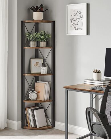 رف زاوية من 5 طبقات من VASAGLE، رف كتب بطول 63 بوصة، رف تخزين زاوية، حامل رف زاوية، لغرفة المعيشة والحمام والمطبخ وغرفة النوم والمكتب المنزلي، سهل التجميع، بني ريفي وأسود ULLS805B01 in Kuwait