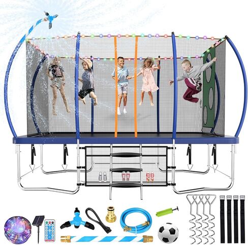 Rectangle 8FT x 14FT Pumpkin Trampoline for Kids and Adults, Rectangular Trampolines with Curved Poles, Outdoor Trampoline with Light, Sprinkler, Soccer and Storage Bag in Saudi Arabia