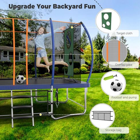 Rectangle 8FT x 14FT Pumpkin Trampoline for Kids and Adults, Rectangular Trampolines with Curved Poles, Outdoor Trampoline with Light, Sprinkler, Soccer and Storage Bag in Saudi Arabia