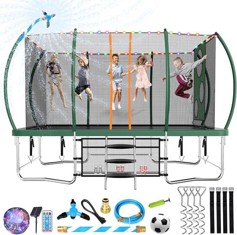 Rectangle 8FT x 14FT Pumpkin Trampoline for Kids and Adults, Rectangular Trampolines with Curved Poles, Outdoor Trampoline with Light, Sprinkler, Soccer and Storage Bag in Saudi Arabia