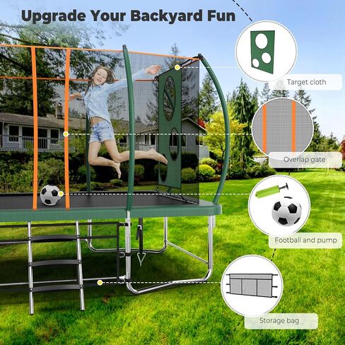 Rectangle 8FT x 14FT Pumpkin Trampoline for Kids and Adults, Rectangular Trampolines with Curved Poles, Outdoor Trampoline with Light, Sprinkler, Soccer and Storage Bag in Saudi Arabia