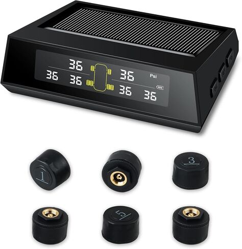 Upgrade RV Tire Pressure Monitoring System 【2/4/6 Wheel Mode】 Wireless Solar TPMS with 6 External Sensors TPMS Tire Pressure Monitor System USB Charging for RVs Trailers (0-102 PSI) in Kuwait