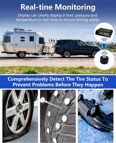 Upgrade RV Tire Pressure Monitoring System 【2/4/6 Wheel Mode】 Wireless Solar TPMS with 6 External Sensors TPMS Tire Pressure Monitor System USB Charging for RVs Trailers (0-102 PSI) in Kuwait