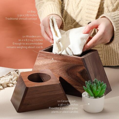 Decorative Urns with Ceramic Pot Solid Wooden Plant Urn with Magnetic Joint Cremation Boxes for Human Ashes Funeral Handcrafted Wood Urn Planter Large Urn Interior for Adult Pets in Saudi Arabia