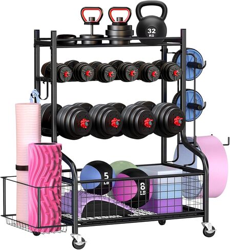 رف الدمبل، رف صالة الألعاب الرياضية لصالة الألعاب الرياضية المنزلية، مناسب للدمبل، وأجراس كيتل، وبكرات الرغوة، ورف تخزين سجادات اليوجا، ورف تخزين معدات اللياقة البدنية متعدد الوظائف مع عجلات وخطافات in Kuwait