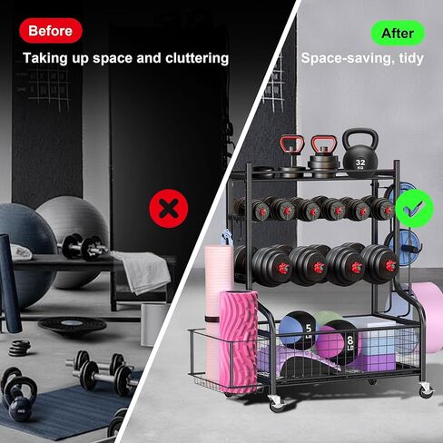 رف الدمبل، رف صالة الألعاب الرياضية لصالة الألعاب الرياضية المنزلية، مناسب للدمبل، وأجراس كيتل، وبكرات الرغوة، ورف تخزين سجادات اليوجا، ورف تخزين معدات اللياقة البدنية متعدد الوظائف مع عجلات وخطافات in Kuwait