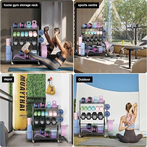 رف الدمبل، رف صالة الألعاب الرياضية لصالة الألعاب الرياضية المنزلية، مناسب للدمبل، وأجراس كيتل، وبكرات الرغوة، ورف تخزين سجادات اليوجا، ورف تخزين معدات اللياقة البدنية متعدد الوظائف مع عجلات وخطافات in Kuwait