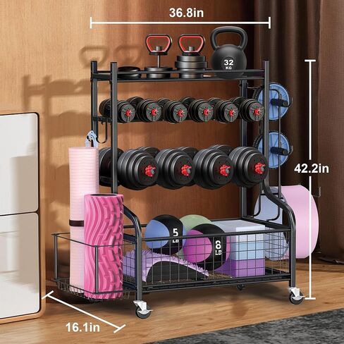 رف الدمبل، رف صالة الألعاب الرياضية لصالة الألعاب الرياضية المنزلية، مناسب للدمبل، وأجراس كيتل، وبكرات الرغوة، ورف تخزين سجادات اليوجا، ورف تخزين معدات اللياقة البدنية متعدد الوظائف مع عجلات وخطافات in Kuwait