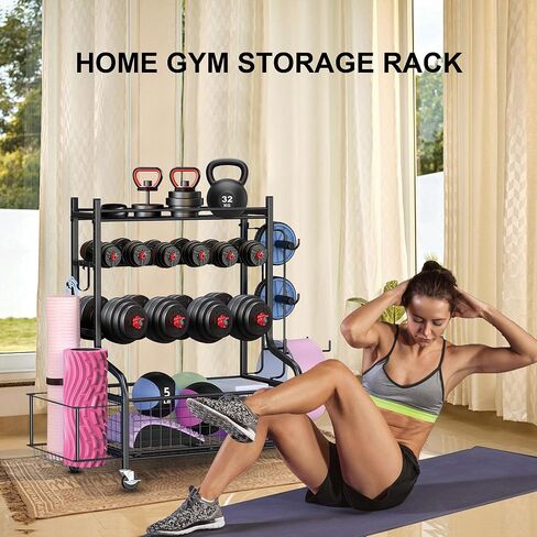 رف الدمبل، رف صالة الألعاب الرياضية لصالة الألعاب الرياضية المنزلية، مناسب للدمبل، وأجراس كيتل، وبكرات الرغوة، ورف تخزين سجادات اليوجا، ورف تخزين معدات اللياقة البدنية متعدد الوظائف مع عجلات وخطافات in Kuwait