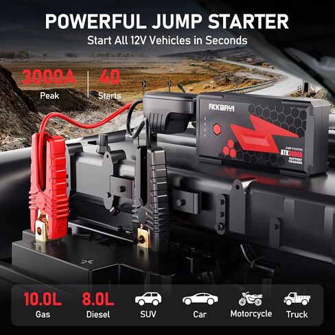 3000A Peak Car Battery Jump Starter, Up to 10.0L Gas and 8.0L Diesel Engines, ATKMAYI 20000mah Car Battery Booster Pack, Portable Jump Starter Box with Type-C Quick Charger 3.0 and LED Light in Saudi Arabia