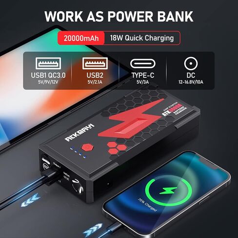 3000A Peak Car Battery Jump Starter, Up to 10.0L Gas and 8.0L Diesel Engines, ATKMAYI 20000mah Car Battery Booster Pack, Portable Jump Starter Box with Type-C Quick Charger 3.0 and LED Light in Saudi Arabia