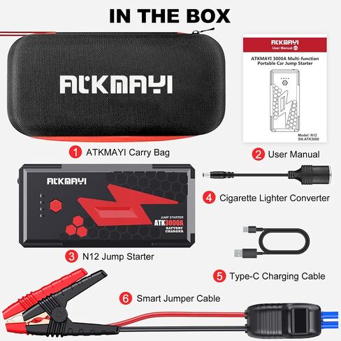 3000A Peak Car Battery Jump Starter, Up to 10.0L Gas and 8.0L Diesel Engines, ATKMAYI 20000mah Car Battery Booster Pack, Portable Jump Starter Box with Type-C Quick Charger 3.0 and LED Light in Saudi Arabia