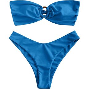 ZAFUL Women's Bandeau Bikini O Ring Strapless Tie Back High Cut Two Piece Swimsuit Bathing Suits (1-Haze Blue, S) in Kuwait