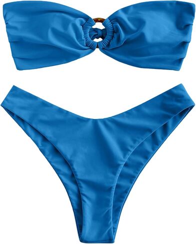 ZAFUL Women's Bandeau Bikini O Ring Strapless Tie Back High Cut Two Piece Swimsuit Bathing Suits (1-Haze Blue, S) in Kuwait