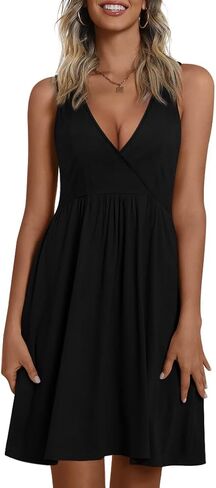 CATHY Womens Casual Sleeveless Dress V Neck Wrap Tunics Dresses Loose Comfy Beach Sundress with Pockets in Kuwait
