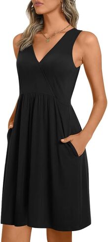 CATHY Womens Casual Sleeveless Dress V Neck Wrap Tunics Dresses Loose Comfy Beach Sundress with Pockets in Kuwait