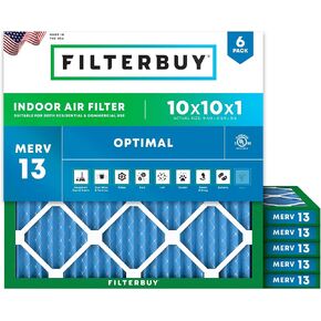Filterbuy 10x10x1 Air Filter MERV 13 Optimal Defense (6-Pack), Pleated HVAC AC Furnace Air Filters Replacement (Actual Size: 9.50 x 9.50 x 0.75 Inches)