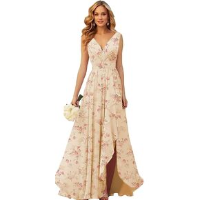 OFEYCHUN Ruffle Bridesmaid Dresses for Women with Slit Long V Neck Chiffon Formal Dress for Wedding