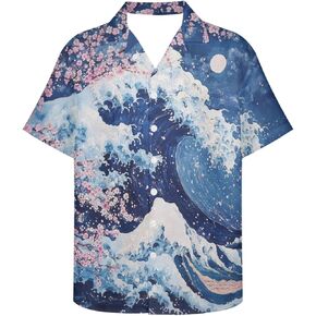 GLUDEAR Men's Japanese The Great Wave Off Kanagawa Katsushika Hokusai Art 3D Print Casual Button Down Shirt