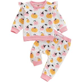 Emmababy Baby Girl Halloween Outfit Toddler Pumpkin Sweatshirt Long Sleeve Pullover Tops Floral Pants Set Infant Fall Clothes