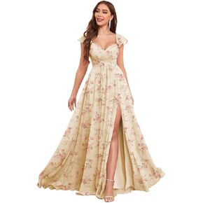 VCCICANY Ruffle Chiffon Bridesmaid Dresses with Slit Pleated Prom Dress with Pockets Evening Formal Gown