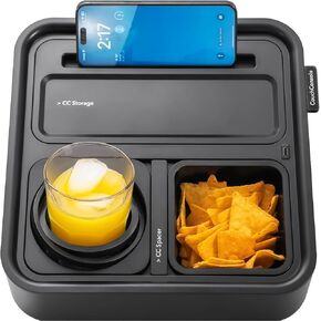 CouchConsole Original Tray - Drinks & Snacks Sofa Caddy with Armrest, Table with Phone Stand- TV Remote Control Storage and Organizer - for Living Rooms, RV, and Cars, Black/Orange