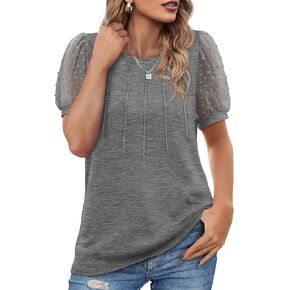 OFEEFAN Womens Summer Tops Pleated Swiss Dot Puff Sleeve Crew Neck T Shirts Loose Casual S-3XL