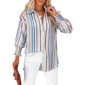 Blue and White Striped Shirt Women Colorblock Oversized Y2k Button Down Shirts Boyfriends Casual Loose Puff Fall Sleeve Shirts Business Work Tunic Top for Leggings Wrinkle Free Interview Tops Office