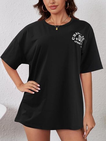 YIJIU Women's Graphic Oversized T Shirts Letter Print Short Sleeve Loose Casual Summer Tops in Kuwait