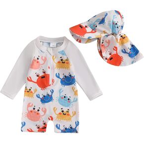 Infant Baby Boy One Piece Swimsuit Rash Guard Shirt Bathing Suit Infant Short Sleeve Zip Up Sunsuit Swimwear