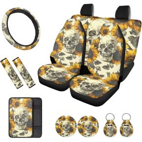 Skull Cherry Blossom Printed Car Seat Cover Full Set, 12 Pieces, includes Front Rear Seat Cover Steering Wheel Cover Car Armrest Pad Covers Seat Belt Pads Lipstick Holder Keychain in Kuwait