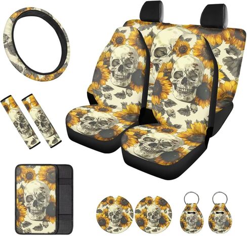 Skull Cherry Blossom Printed Car Seat Cover Full Set, 12 Pieces, includes Front Rear Seat Cover Steering Wheel Cover Car Armrest Pad Covers Seat Belt Pads Lipstick Holder Keychain in Kuwait
