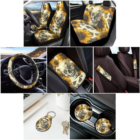 Skull Cherry Blossom Printed Car Seat Cover Full Set, 12 Pieces, includes Front Rear Seat Cover Steering Wheel Cover Car Armrest Pad Covers Seat Belt Pads Lipstick Holder Keychain in Kuwait