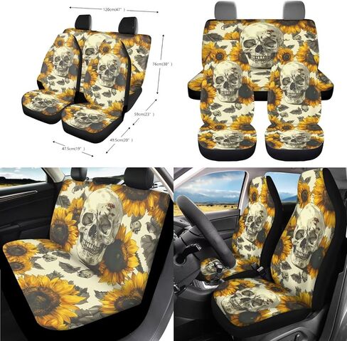Skull Cherry Blossom Printed Car Seat Cover Full Set, 12 Pieces, includes Front Rear Seat Cover Steering Wheel Cover Car Armrest Pad Covers Seat Belt Pads Lipstick Holder Keychain in Kuwait
