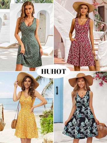 HUHOT Womens Sleeveless V Neck Dress with Pocket Summer Beach Midi Flared Tank Dress in Kuwait