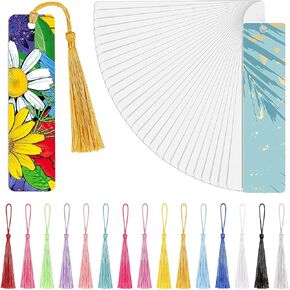 Sublimation Blank Bookmark Heat Transfer Metal Aluminum DIY Bookmark with Hole and Colorful Tassels for Crafts, Birthday Wedding, Tassels Blank Bookmarks, Single-Sided Printing (50 Pieces)