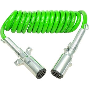 TORQUE 7 Way Coiled Trailer Cord 12 FT Green ABS Electrical Power Coil Heavy Duty Cable Power Wire Cable for Semi Trucks Trailer Tractors (TR831160)
