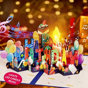Birthday Card, 3D Lights and Music Pop Up Birthday Card, with Blowable LED Candle and Colorful Breathing Lights, Birthday Cards for Women Men Husband Wife Kids Mom Dad