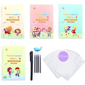 POPMISOLER 4 Pack Magic Practice Copybook for Kids, Reusable Magical Tracing Book for Handwriting Letter Writing Book Set, Age 2-8 Calligraphy Simple Hand Lettering(with Pen & Aid Pen Grip)