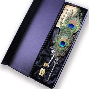 Antique Natural Peacock Feather Pen,Retro Crown Penholder and Crave Pattern Penstand Stem,5 Metal Nibbed,Writing Quill Pen