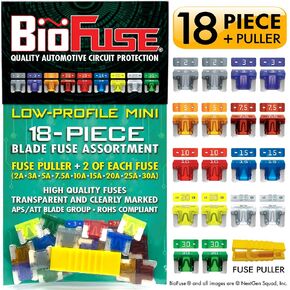 Low Profile Mini ATT 18 Piece Automotive Car Fuse Assortment Pack (Set of 18 LP-Mini Blade Fuses + Fuse Puller) 2A 3A 5A 7.5A 10A 15A 20A 25A 30A