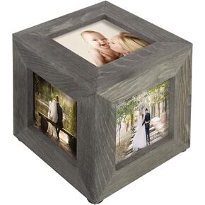 MyGift 5 Inch Photo Cube - Vintage Gray Wood Decorative Desk Picture Frame Keepsake Box