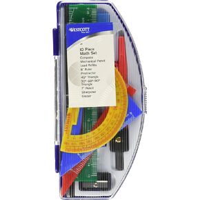 Westcott Ten Piece Math Tool Kit, Assorted Colors