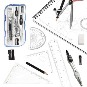 Geometry Math Kit Set Compass and Protractor Set School Drawing Supplies Kit with Triangles Ruler Eraser Lead Refill, 1x10 Pcs