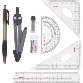 HONBAY 8PCS Math Geometry Kit Set for Student and Engineering Drawing - Drawing Compass, 0.7mm Mechanical Pencil, 0.7mm Pencil Lead Refills, Eraser, Protractor, Rulers